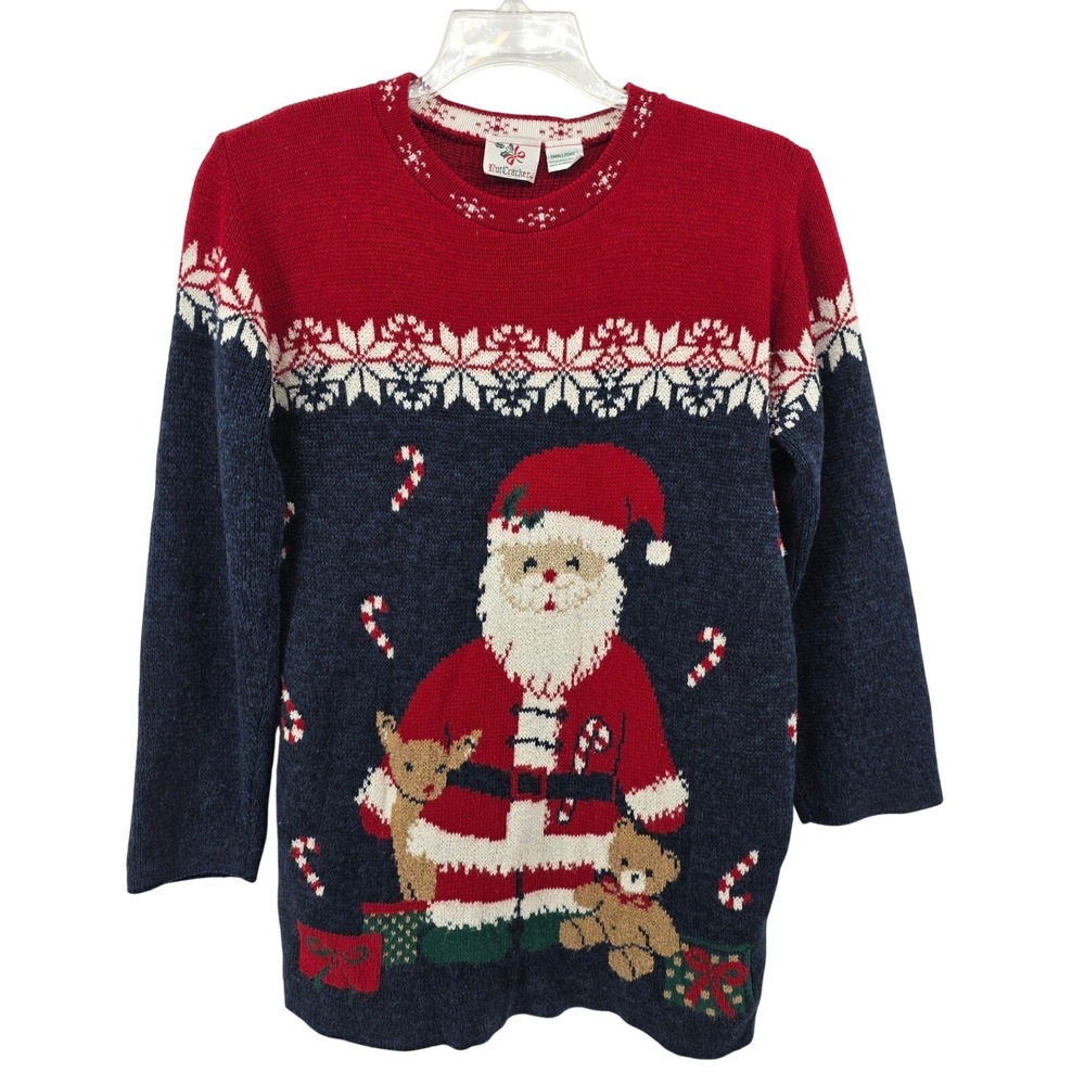 NutCracker Vintage Christmas Santa Reindeer Teddy Bear‎ Sweater Womens Small Red